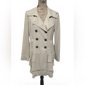 Kensie Cream Double Breasted Ruffle Hem Trench Coat Jacket Medium Pockets